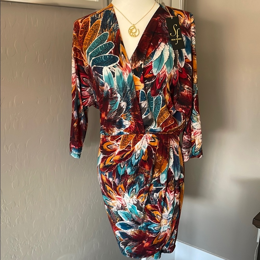 Colorful Feather Print Wrap Dress